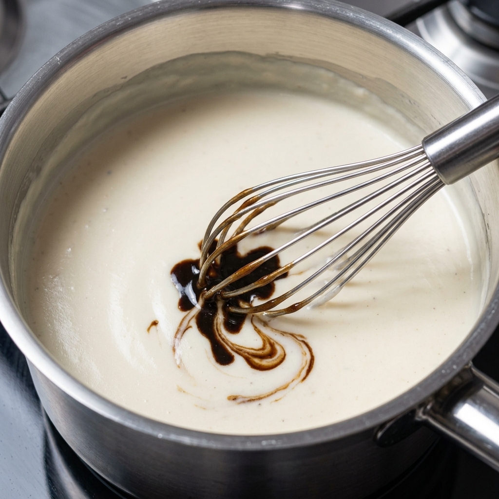 Batidor de varillas integrando la pasta de trufa negra en la bechamel blanca.