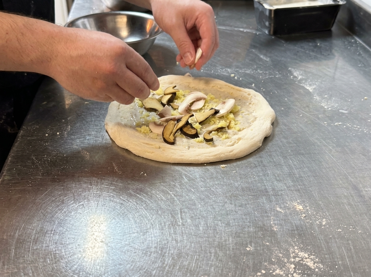 Manos colocando láminas de champiñones sobre la masa con salsa y queso.