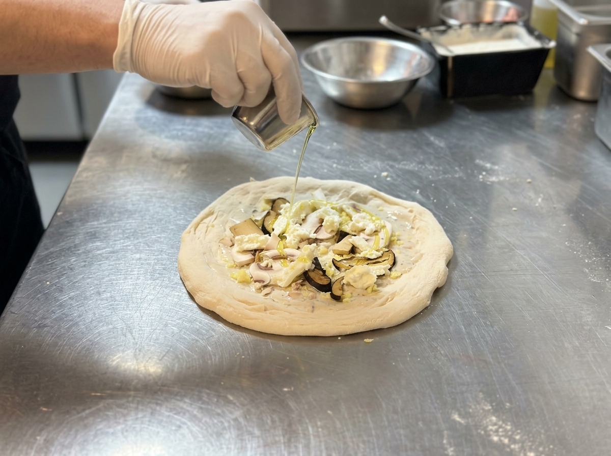 Mano vertiendo un hilo de aceite de oliva sobre la pizza antes de hornear.