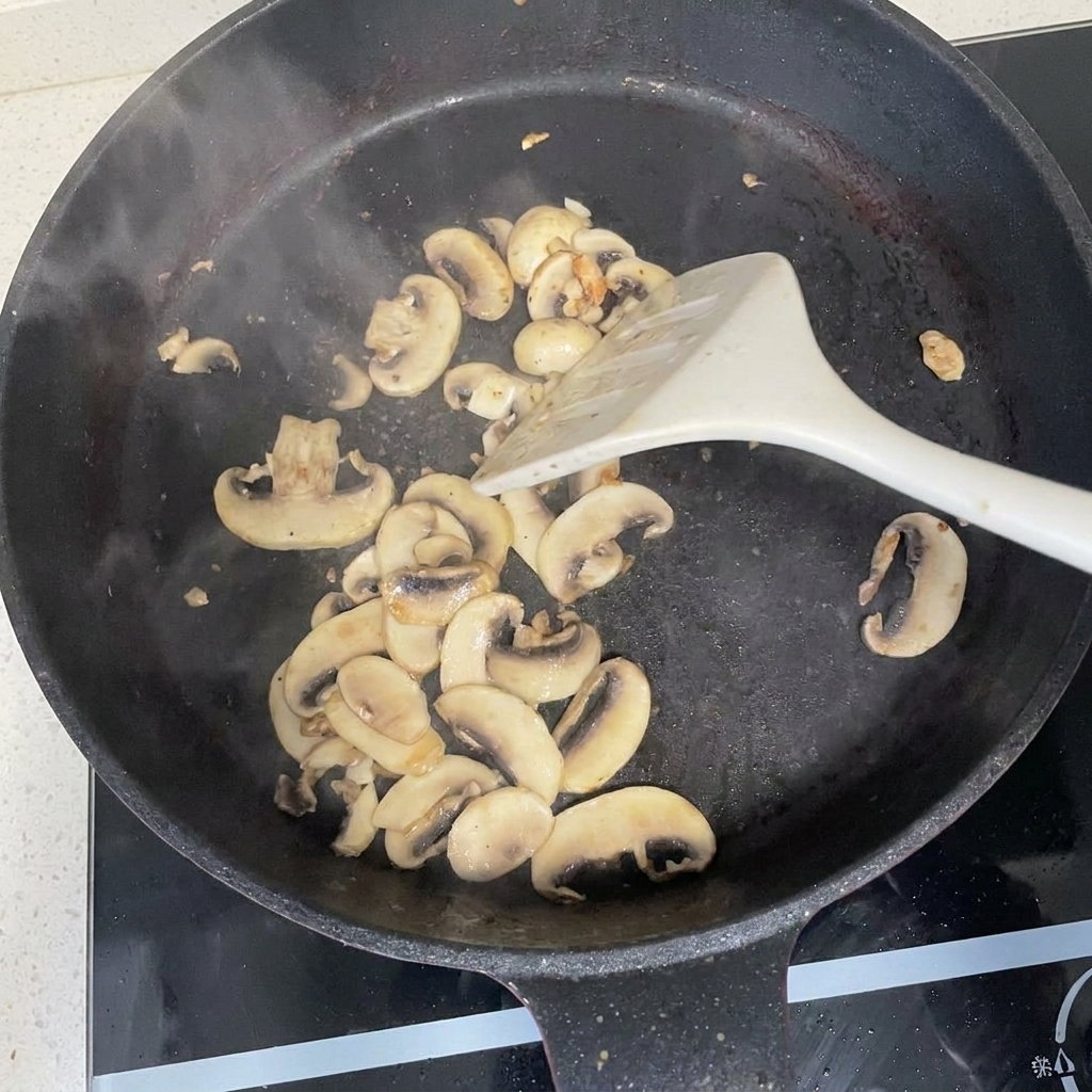 Champiñones blancos laminados salteándose en una sartén negra con una espátula blanca.