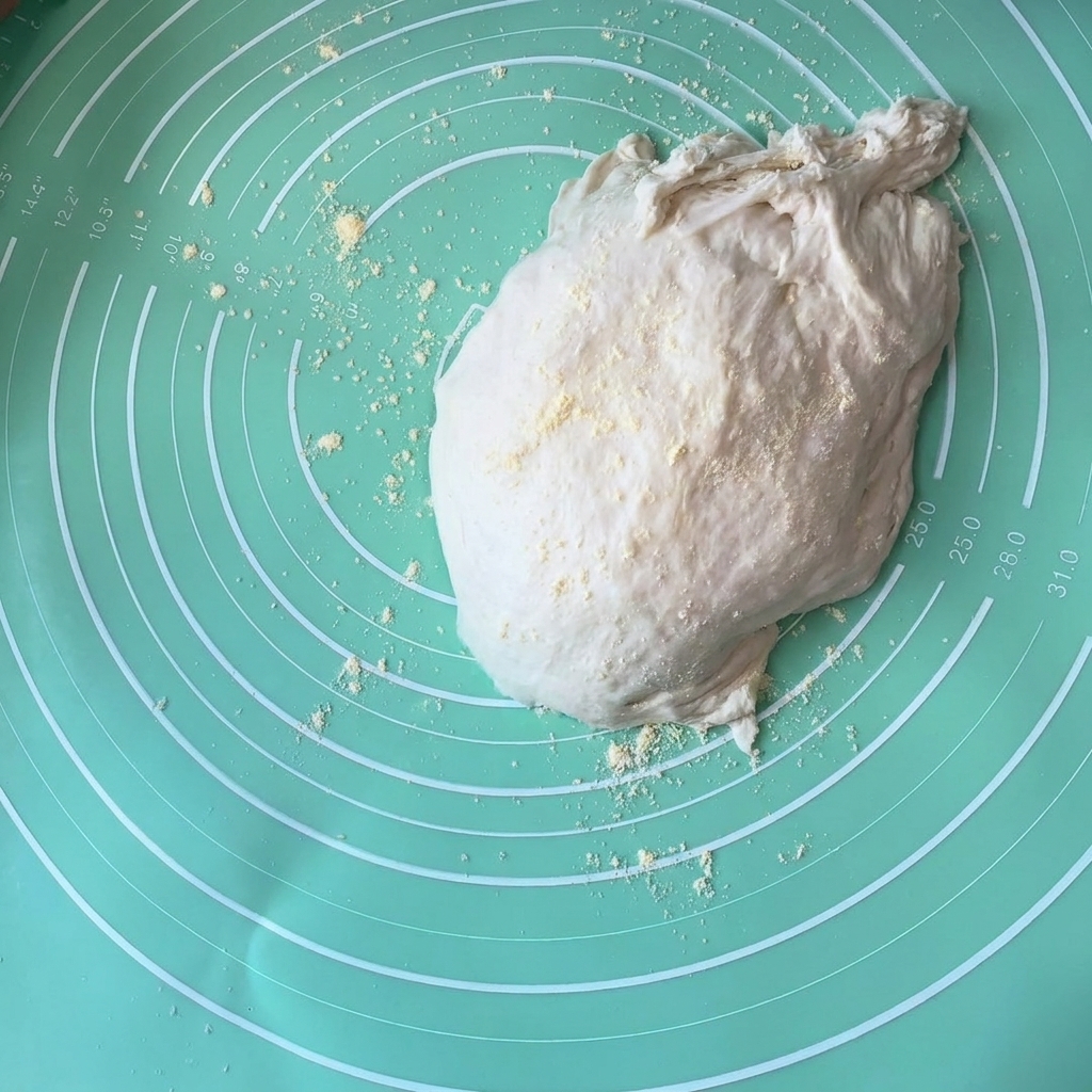 Bola de masa de pizza fermentada e hinchada reposando sobre un tapete de silicona espolvoreado con harina de maíz.