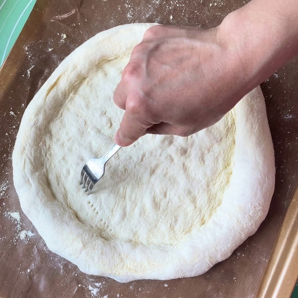 Mano usando un tenedor para hacer pequeños agujeros en el centro de una base redonda de pizza ya estirada.