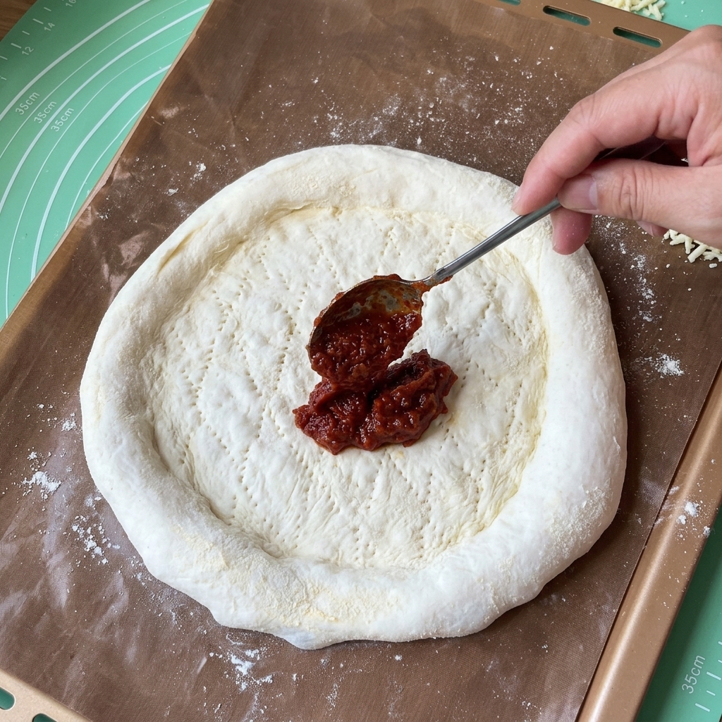 Mano utilizando una cuchara de metal para extender una salsa de pizza espesa sobre una base de masa perforada.