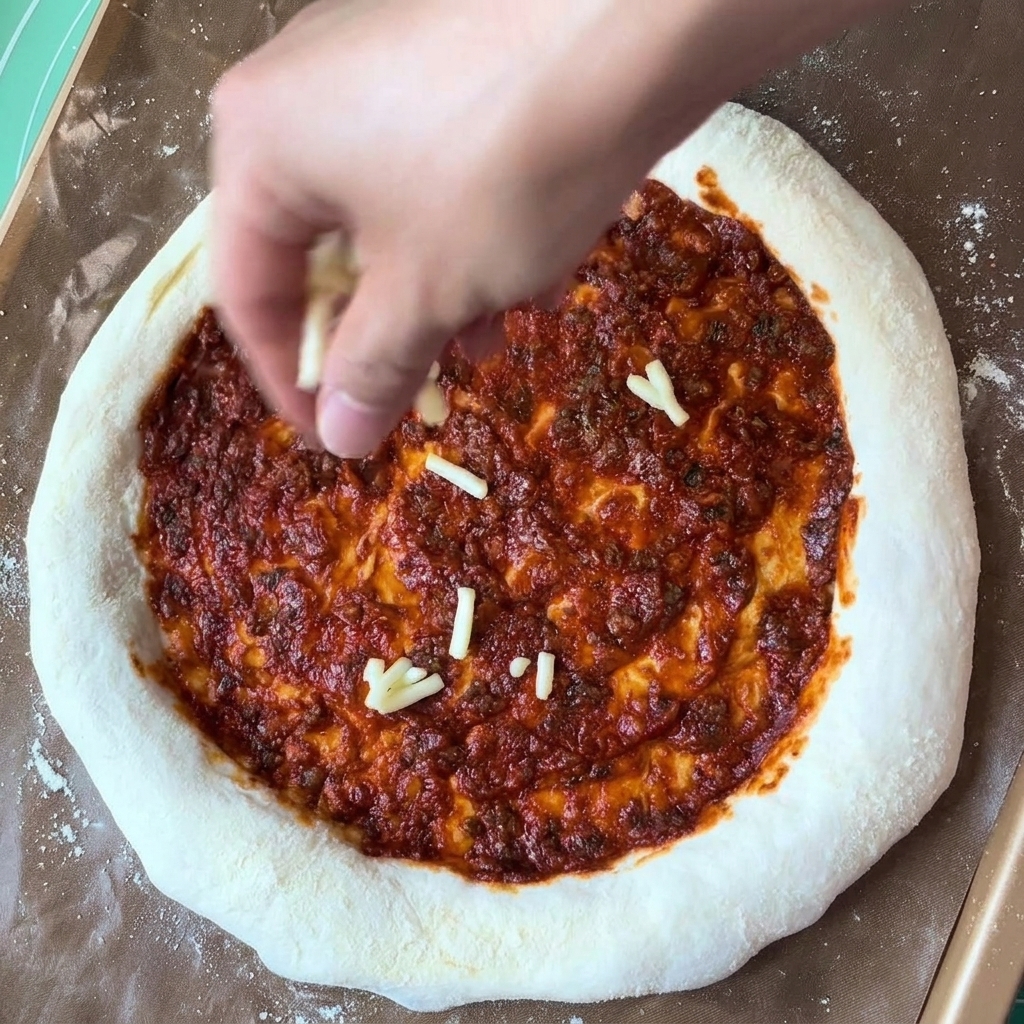 Mano espolvoreando queso mozzarella rallado sobre una base de pizza ya cubierta con salsa de tomate.
