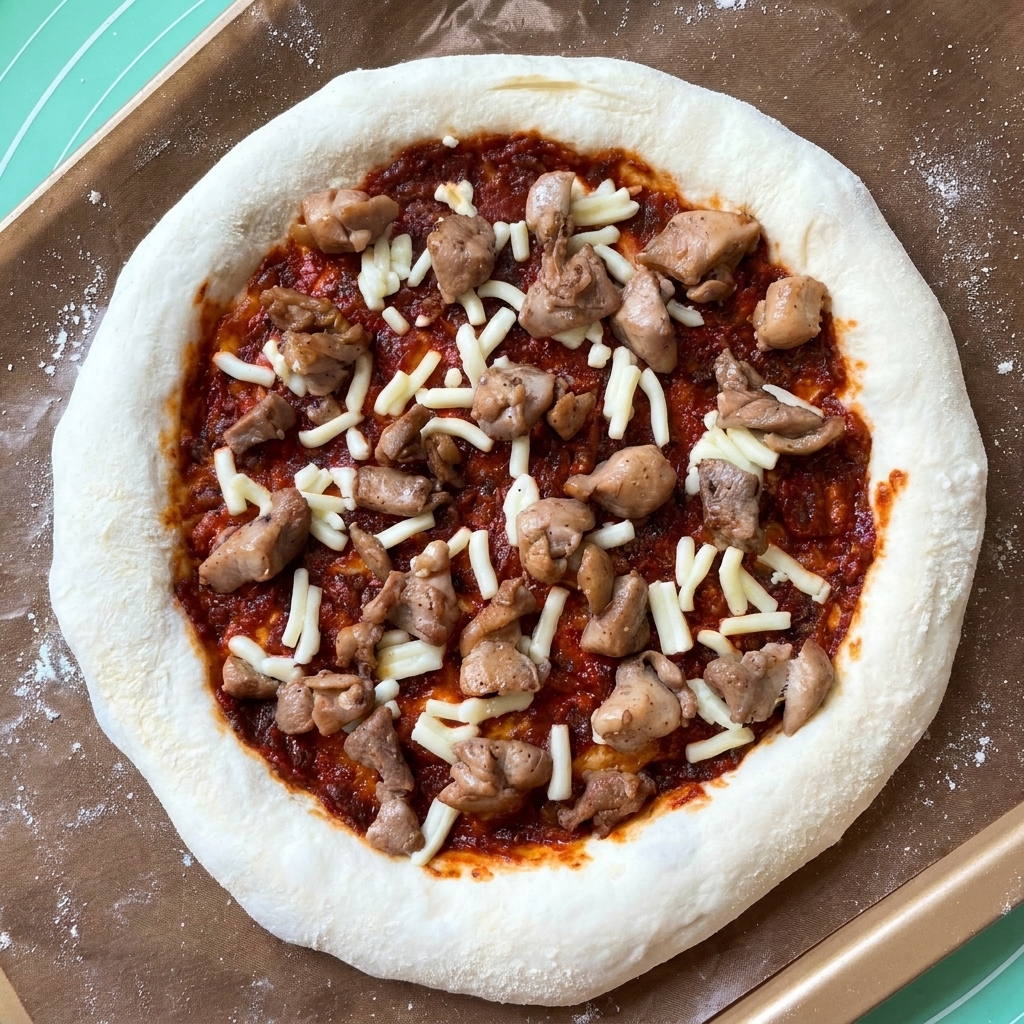 Trozos de pollo cocinado esparcidos sobre una base de pizza con salsa de tomate y una cama de queso rallado.