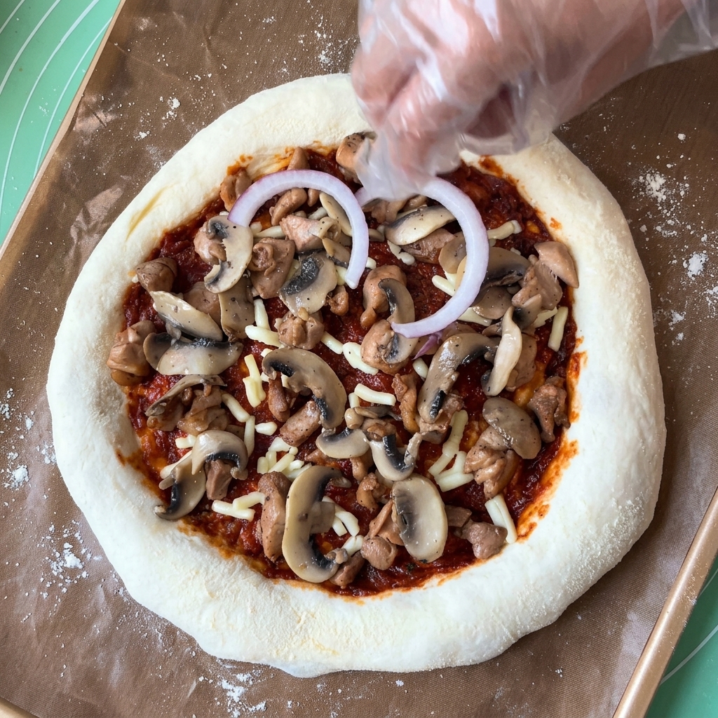 Mano con guante colocando aros de cebolla roja sobre una pizza ya cubierta de salsa, queso, pollo y champiñones.