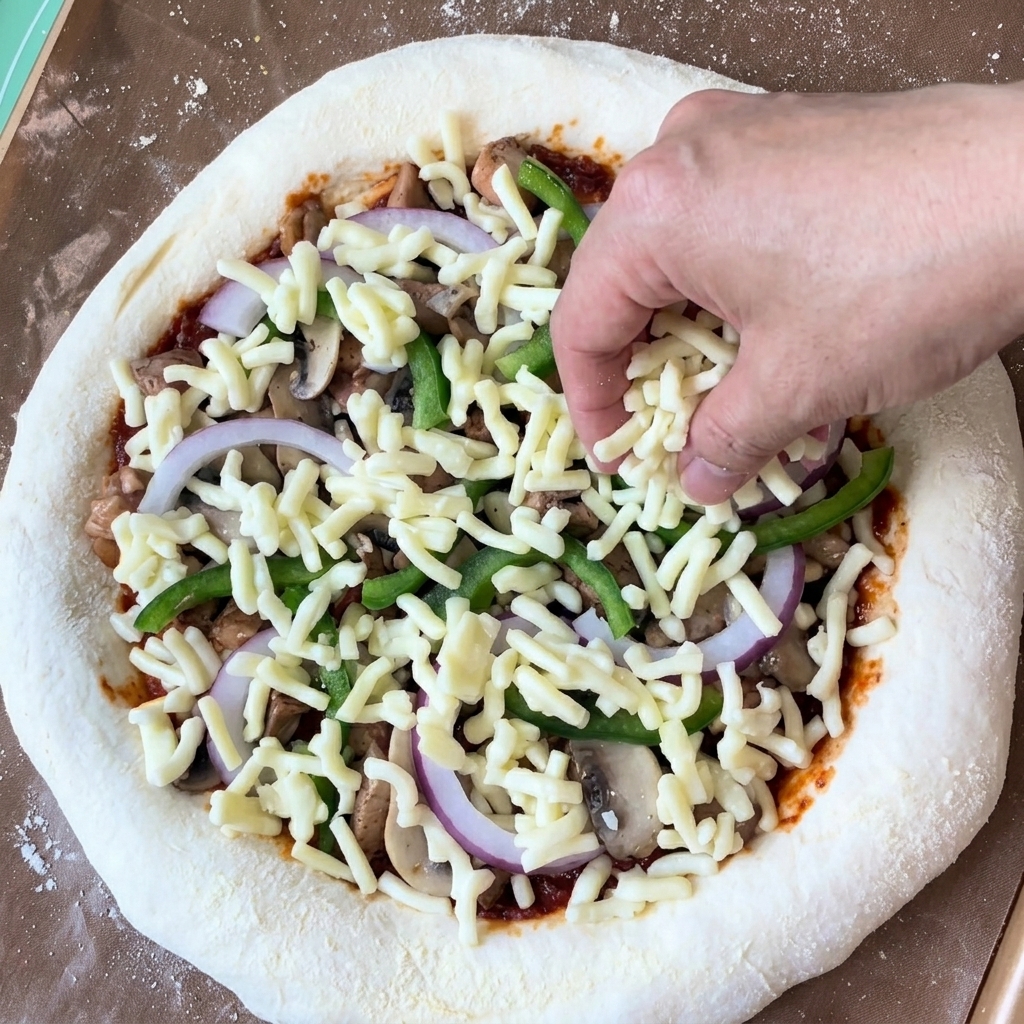 Mano espolvoreando abundantemente queso rallado blanco sobre una pizza sin hornear llena de pollo, champiñones, cebolla y pimientos.