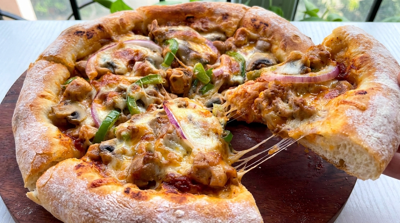 Pizza Casera de Pollo estilo Orleans y Champiñones