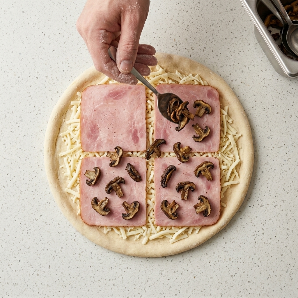 Champiñones asados laminados esparcidos sobre las tiras de bacon en la pizza.