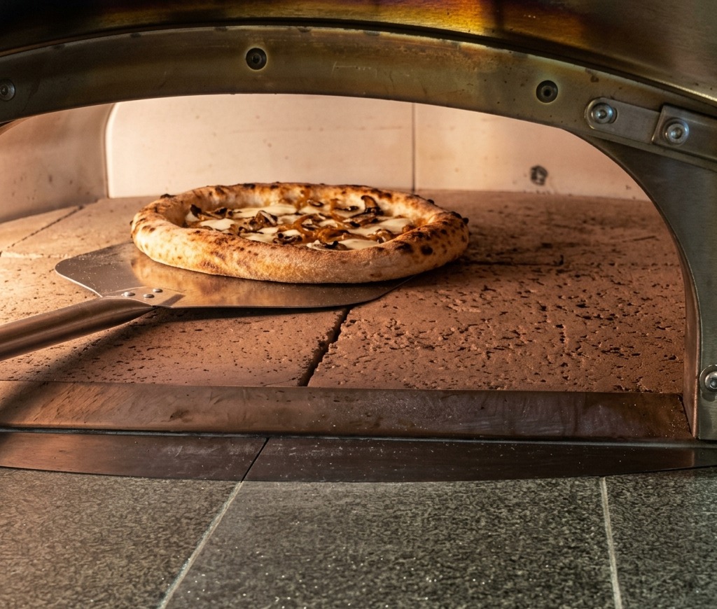 Una pizza montada sobre una pala de metal siendo introducida en un horno de piedra caliente.