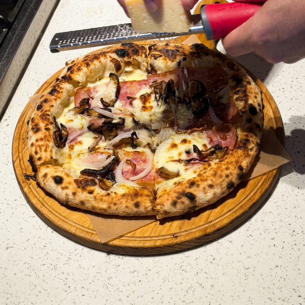 Manos usando un rallador para esparcir parmesano fresco sobre la pizza recién horneada.