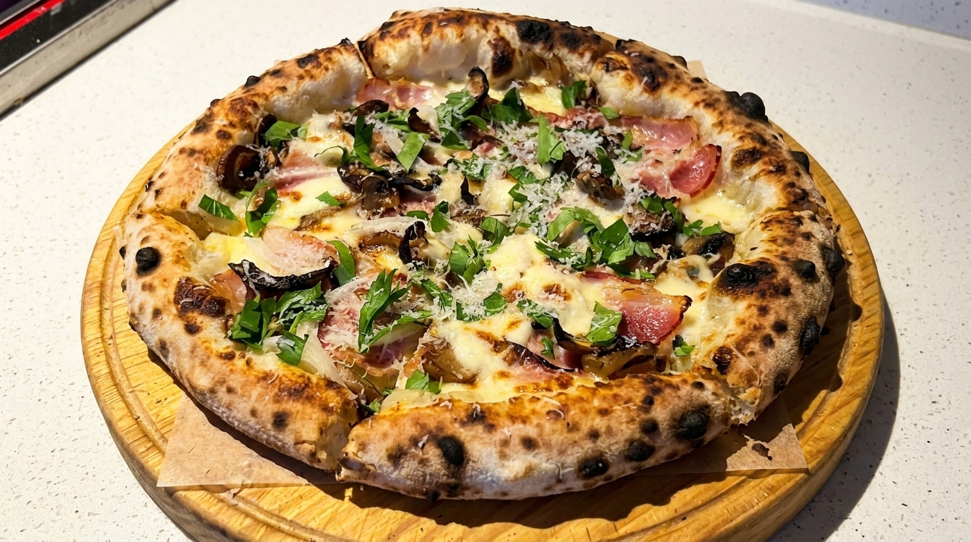 Pizza Carbonara Artesanal con Champiñones