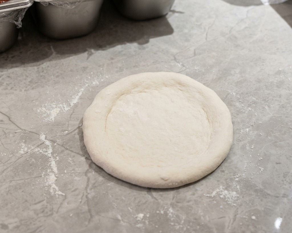 Masa de pizza estirada de forma circular sobre una superficie ligeramente enharinada.