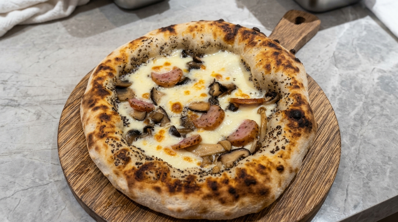 Pizza artesanal de trufa negra, champiñones y salchicha