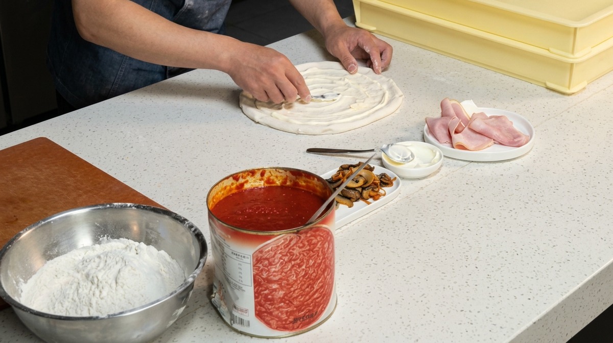 Cocinero colocando rodajas de champiñones en forma de anillo sobre la base de salsa blanca.