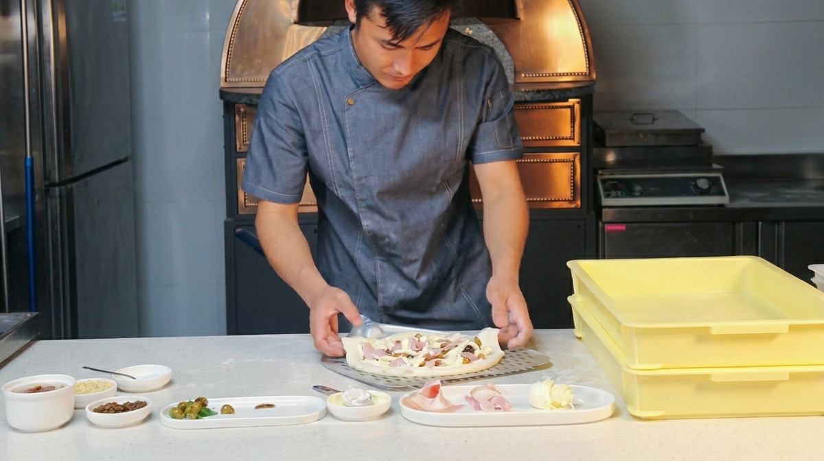 Cocinero deslizando rápidamente la pizza montada sobre una pala de metal.