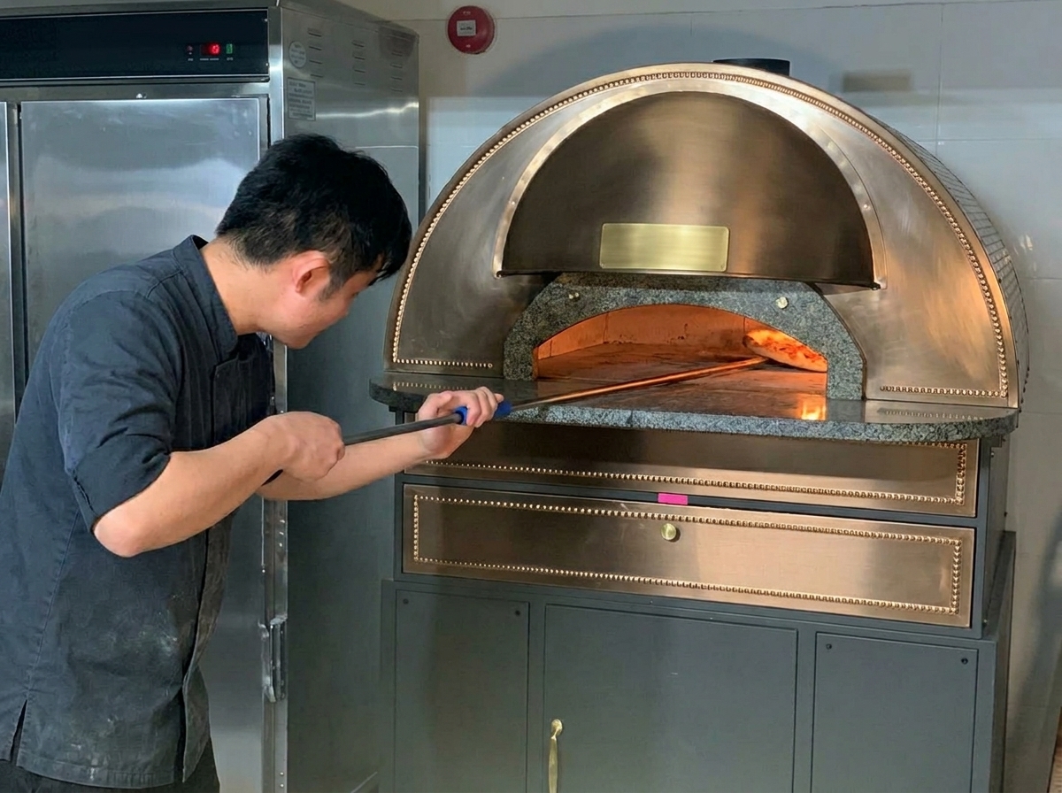 Persona usando una pala de mango largo para girar la pizza dentro de un horno de cúpula.