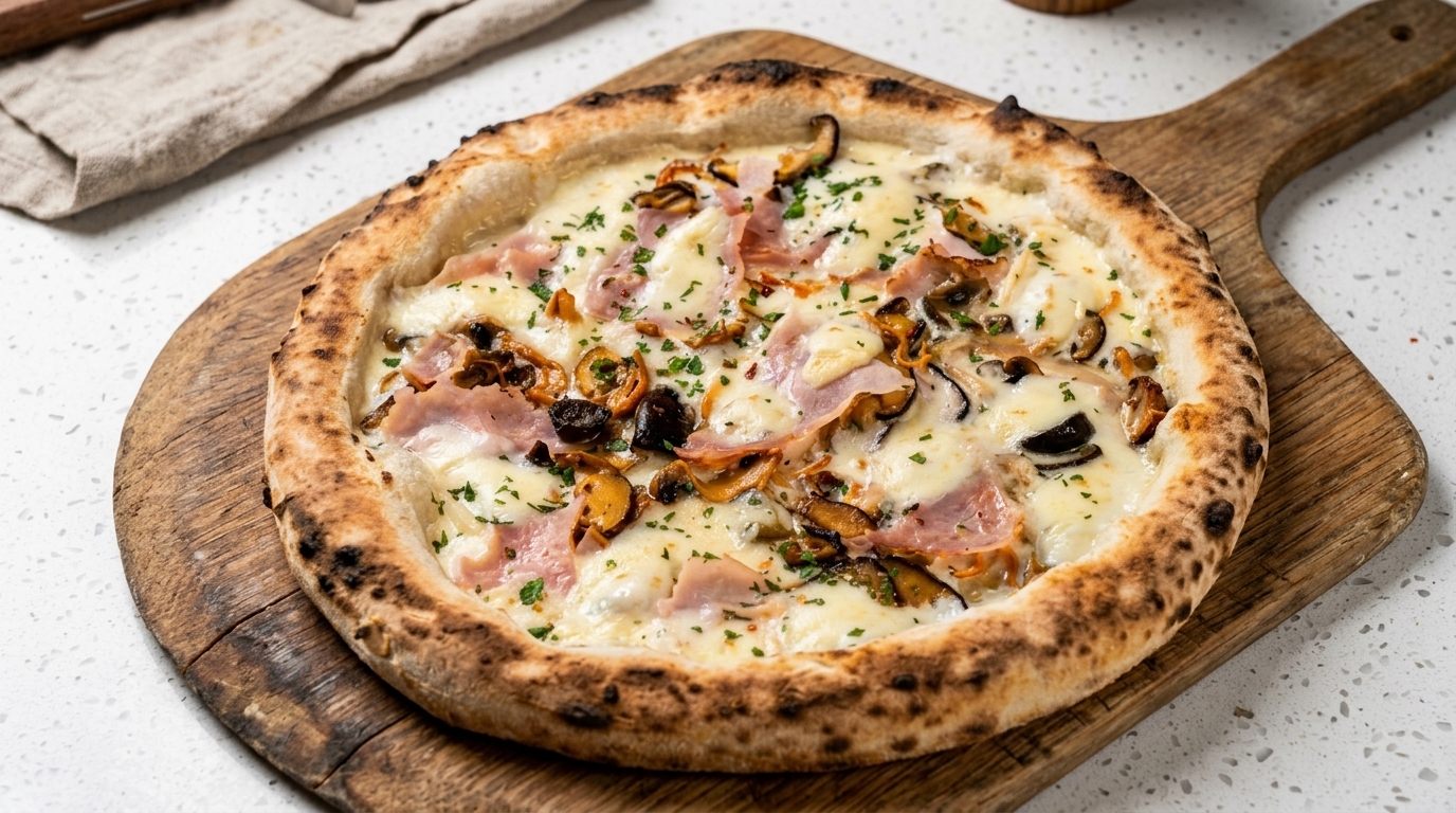 Pizza Blanca Gourmet de Jamón y Champiñones
