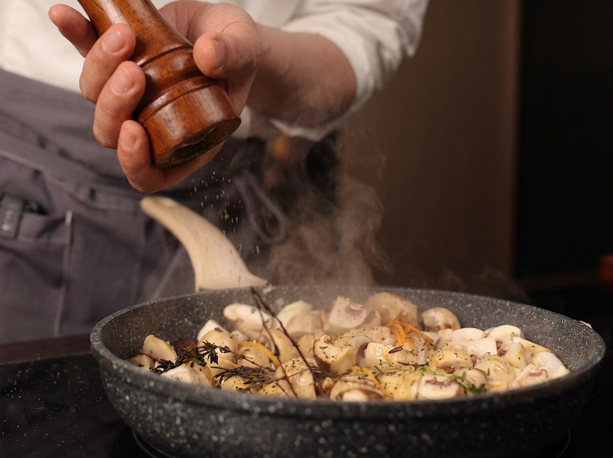 Un chef girando un molinillo de madera para moler pimienta negra fresca sobre una sartén humeante de champiñones.