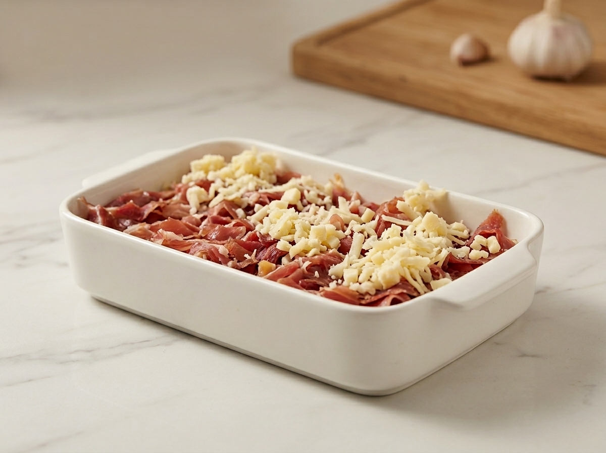 Fuente de horno con setas y jamón, cubierta con trozos de queso mozzarella repartidos por encima.