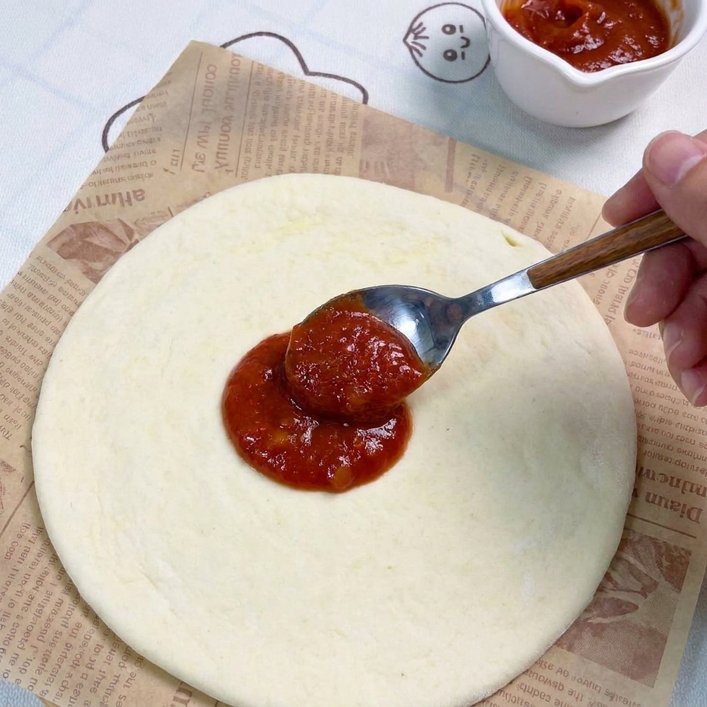 Cuchara de metal extendiendo una capa de salsa de tomate roja sobre la masa de pizza aplanada sobre papel de horno.
