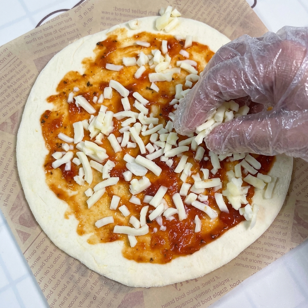 Mano con guante esparciendo queso mozzarella rallado sobre una base de pizza cubierta con salsa de tomate roja.