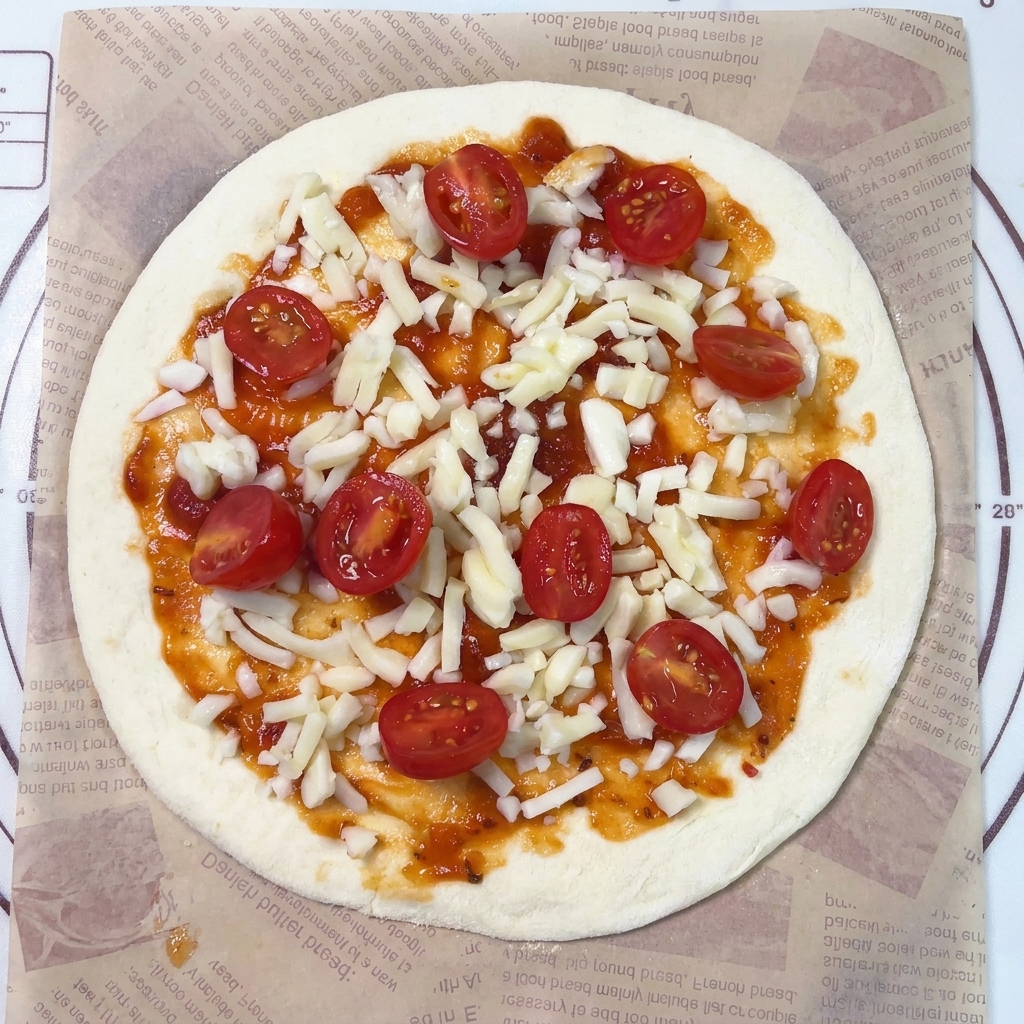 Base de pizza redonda con salsa, queso blanco y mitades de tomate cherry dispuestas de forma ordenada.