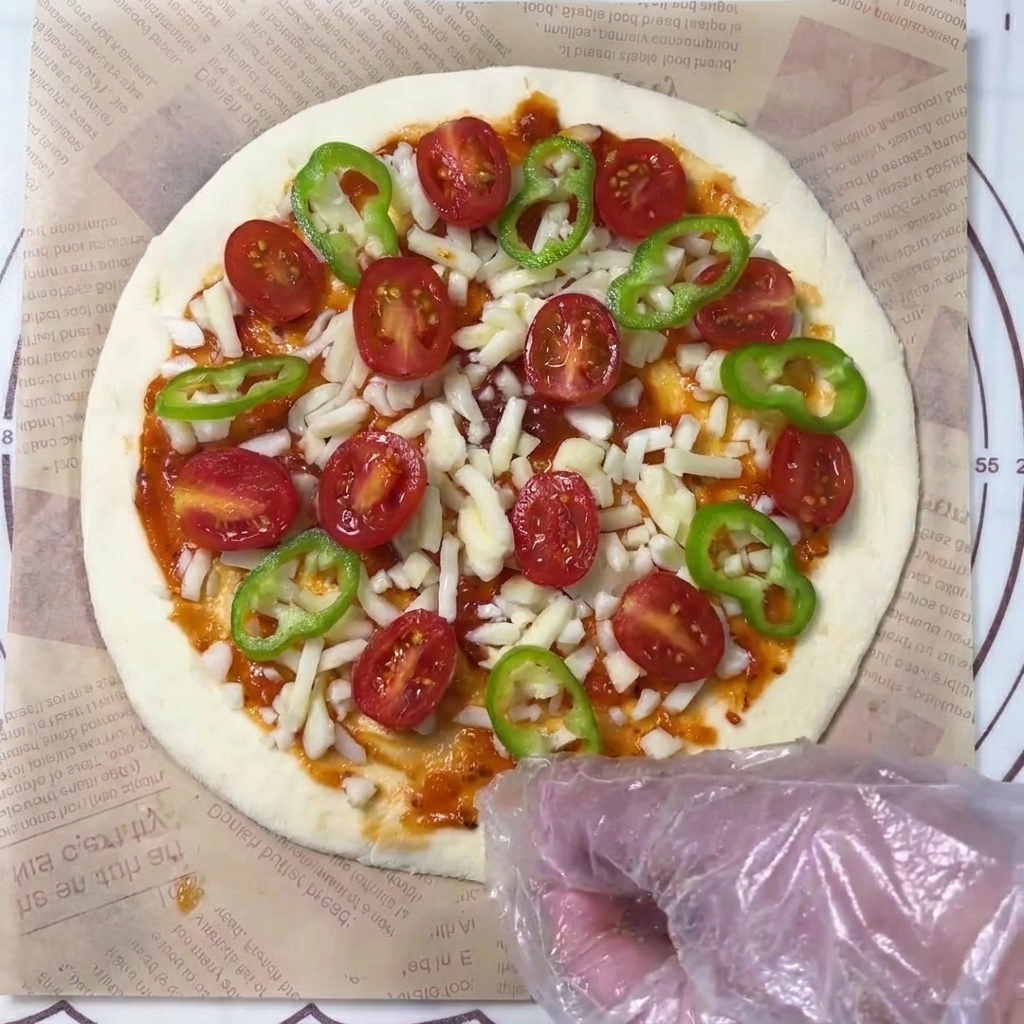 Mano con guante dejando caer aros de pimiento verde sobre una pizza que ya tiene queso y tomates.