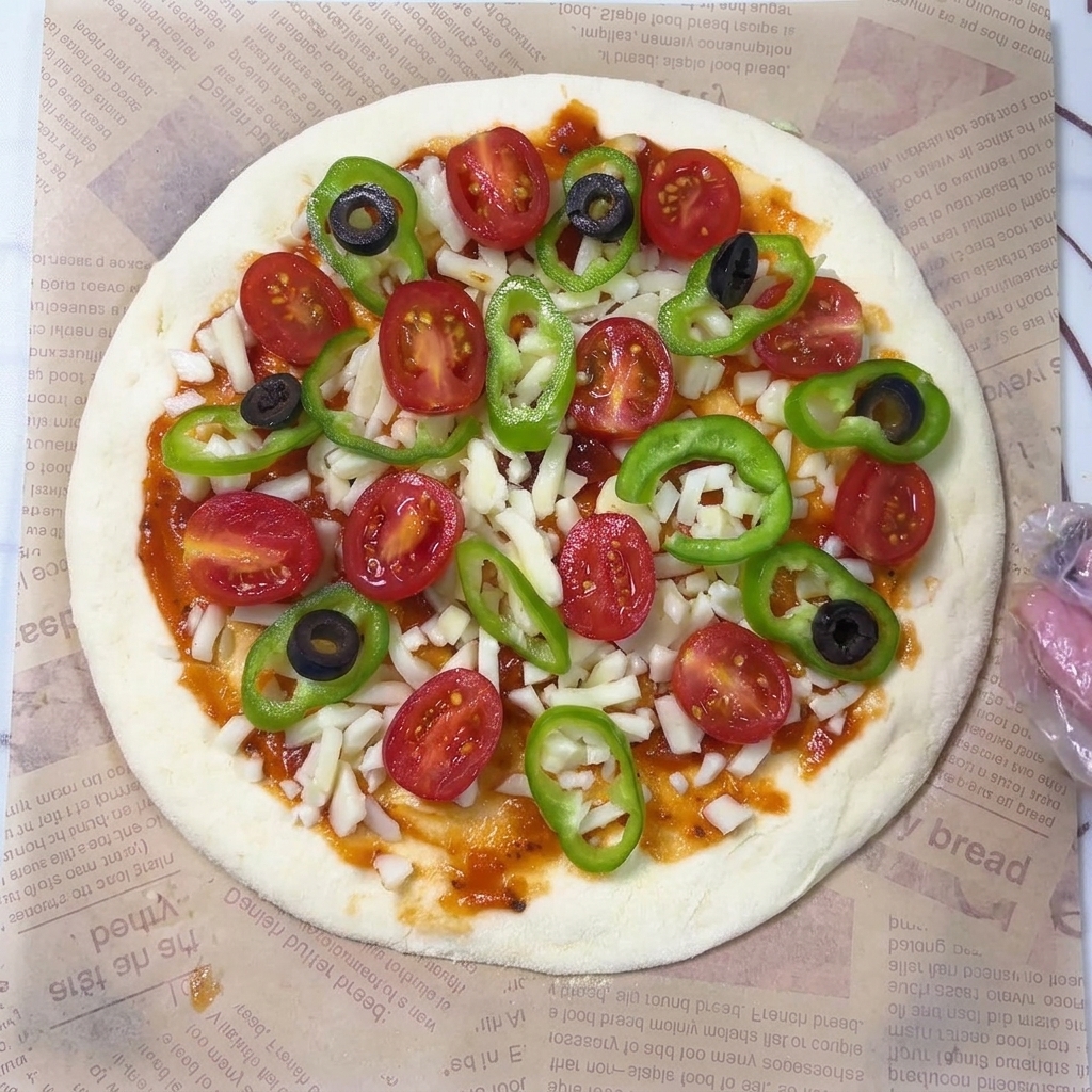 Masa de pizza cruda cargada con salsa, queso, tomates, pimientos verdes y rodajas de aceitunas negras.