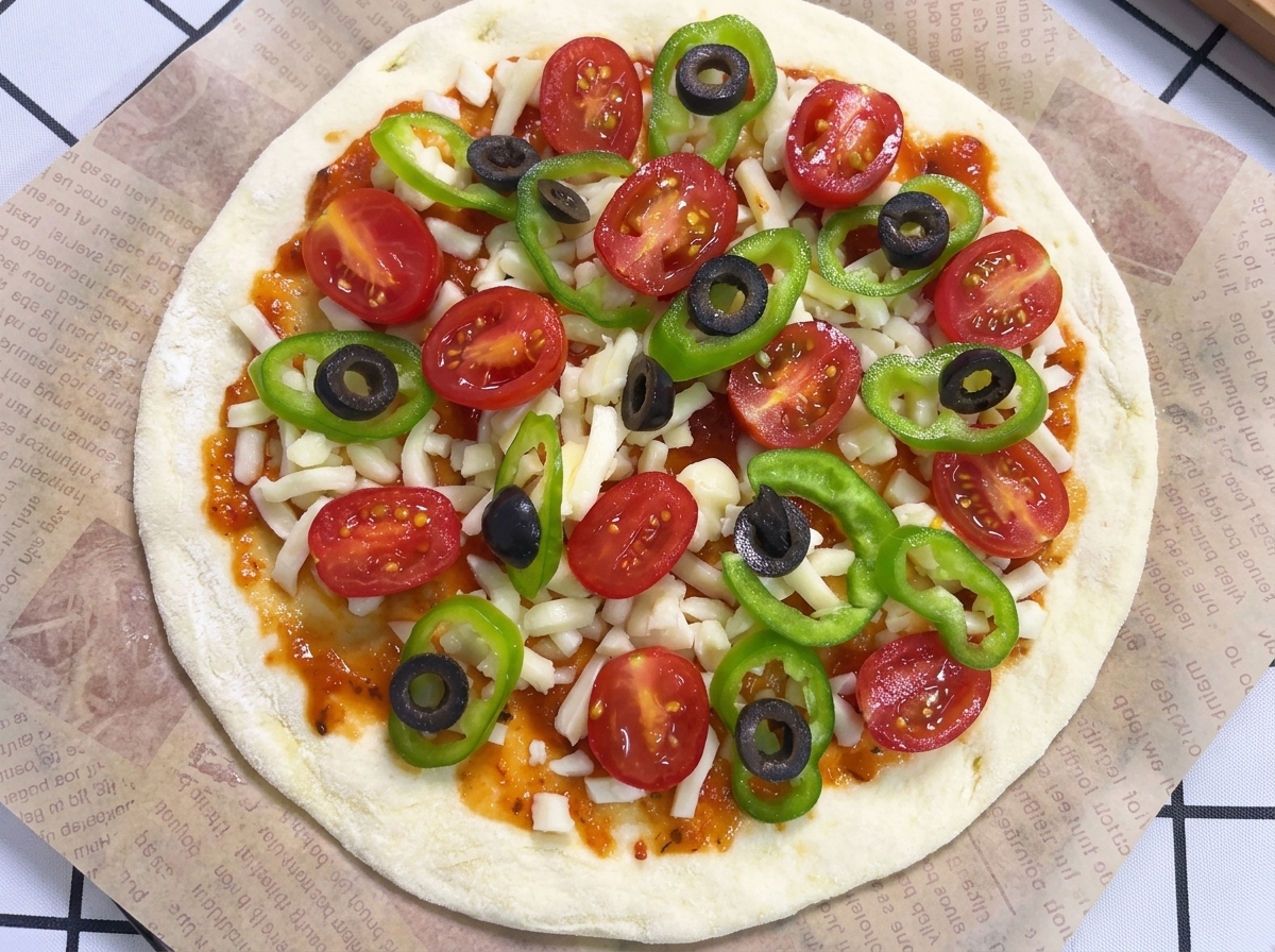 Vista superior de una pizza cruda con todos sus ingredientes lista para ser horneada sobre papel de horno.