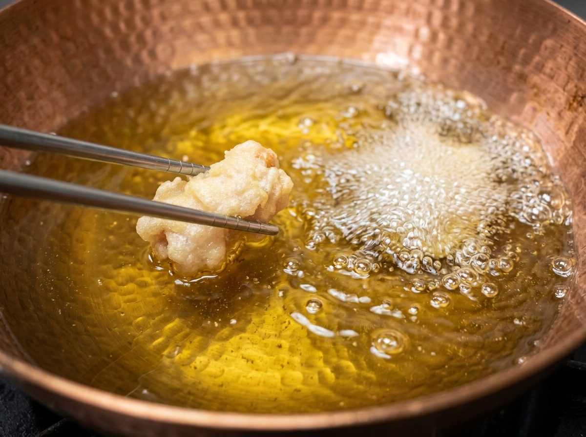 Piezas de pollo con cobertura negra friéndose en aceite caliente en una olla de cobre, sostenidas con palillos metálicos.