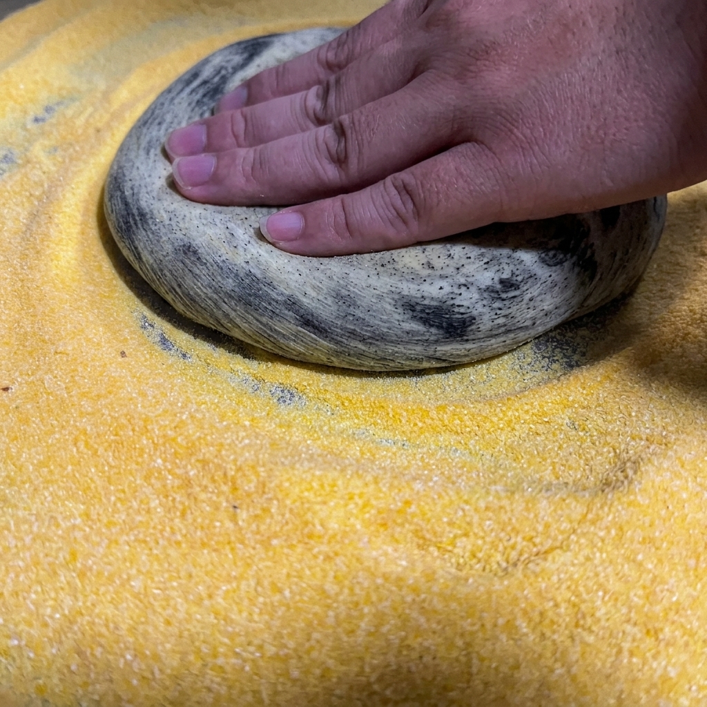 Una mano presionando suavemente una masa de pizza redonda color carbón sobre una base de harina de maíz amarilla.