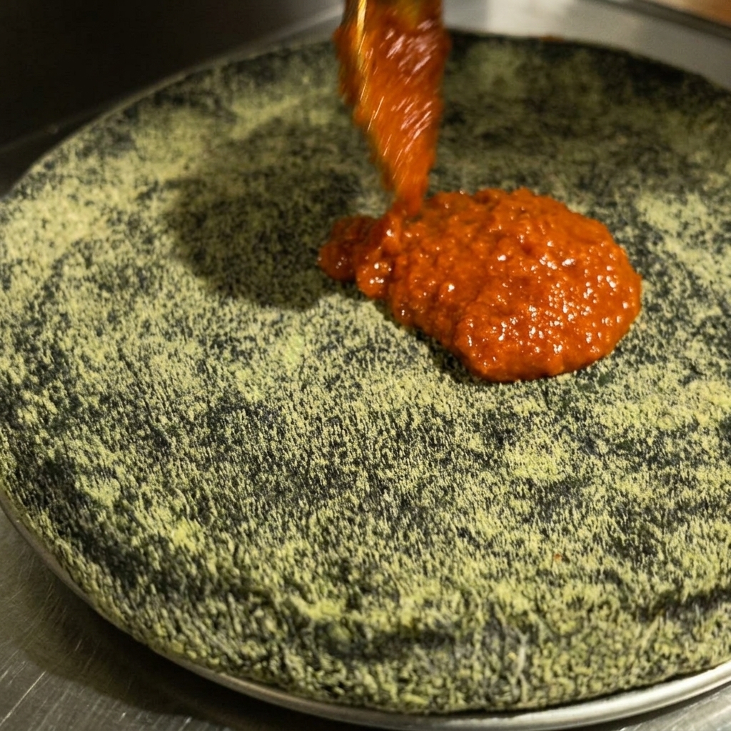 Salsa de pizza roja siendo extendida uniformemente sobre una masa negra con el dorso de una cuchara.