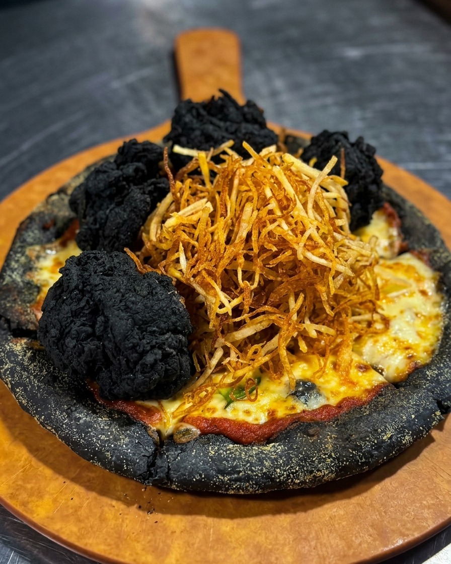Base de pizza negra horneada con queso fundido, con una montaña central de papas fritas rodeada de pollo ennegrecido.