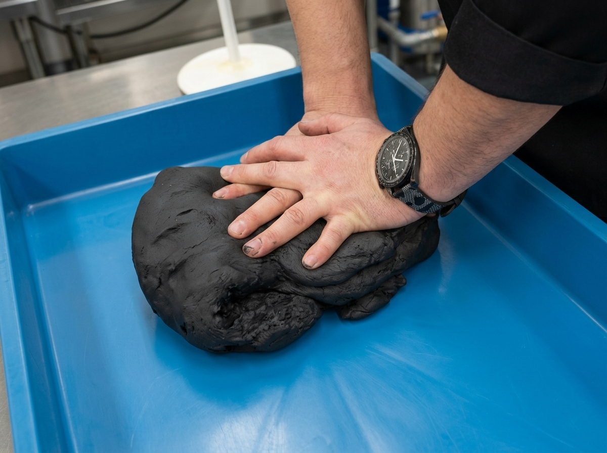 Dos manos presionando firmemente una gran masa de pizza negra dentro de una bandeja de plástico azul.