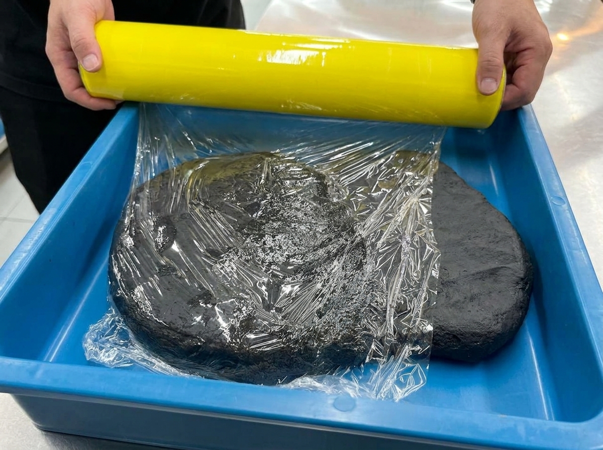 Manos desenrollando film plástico transparente para cubrir la masa negra aplanada en una bandeja azul.