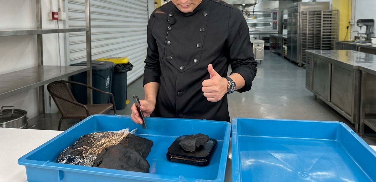 Un chef en un mostrador comprobando el peso de un trozo de masa negra en una báscula digital de cocina.