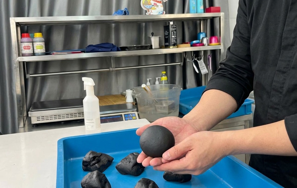 Una bola de masa negra terminada y lisa sostenida sobre una bandeja azul con otras porciones de masa.