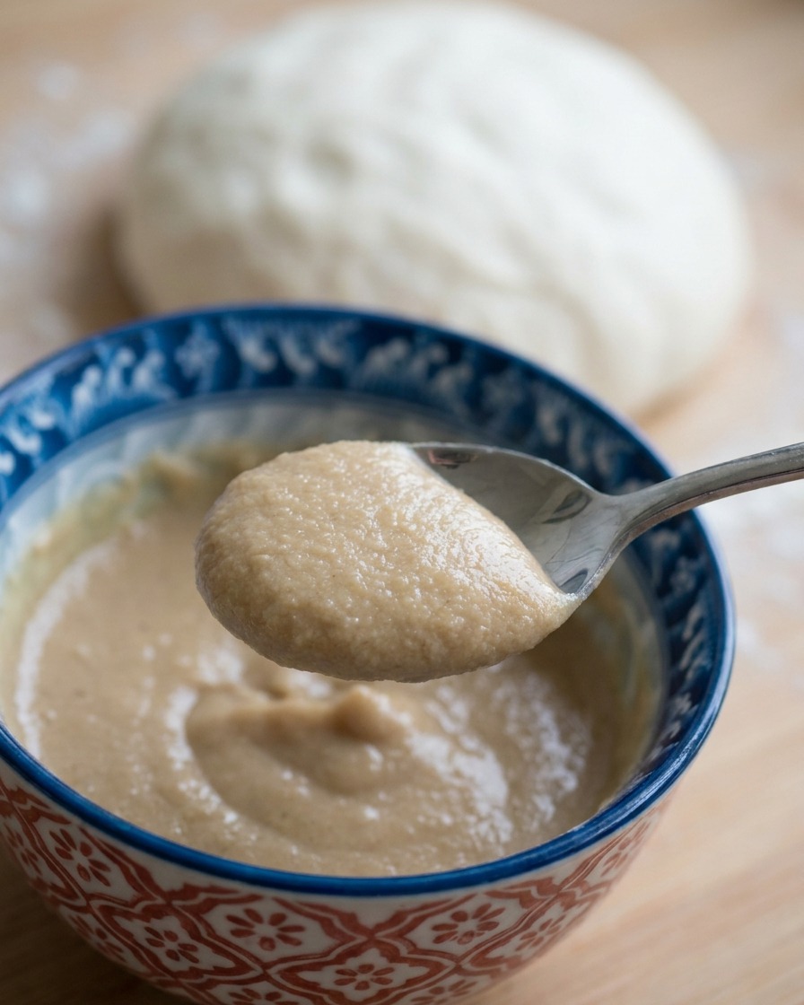 Una cucharada de crema de trufa sobre el centro de la masa de pizza.