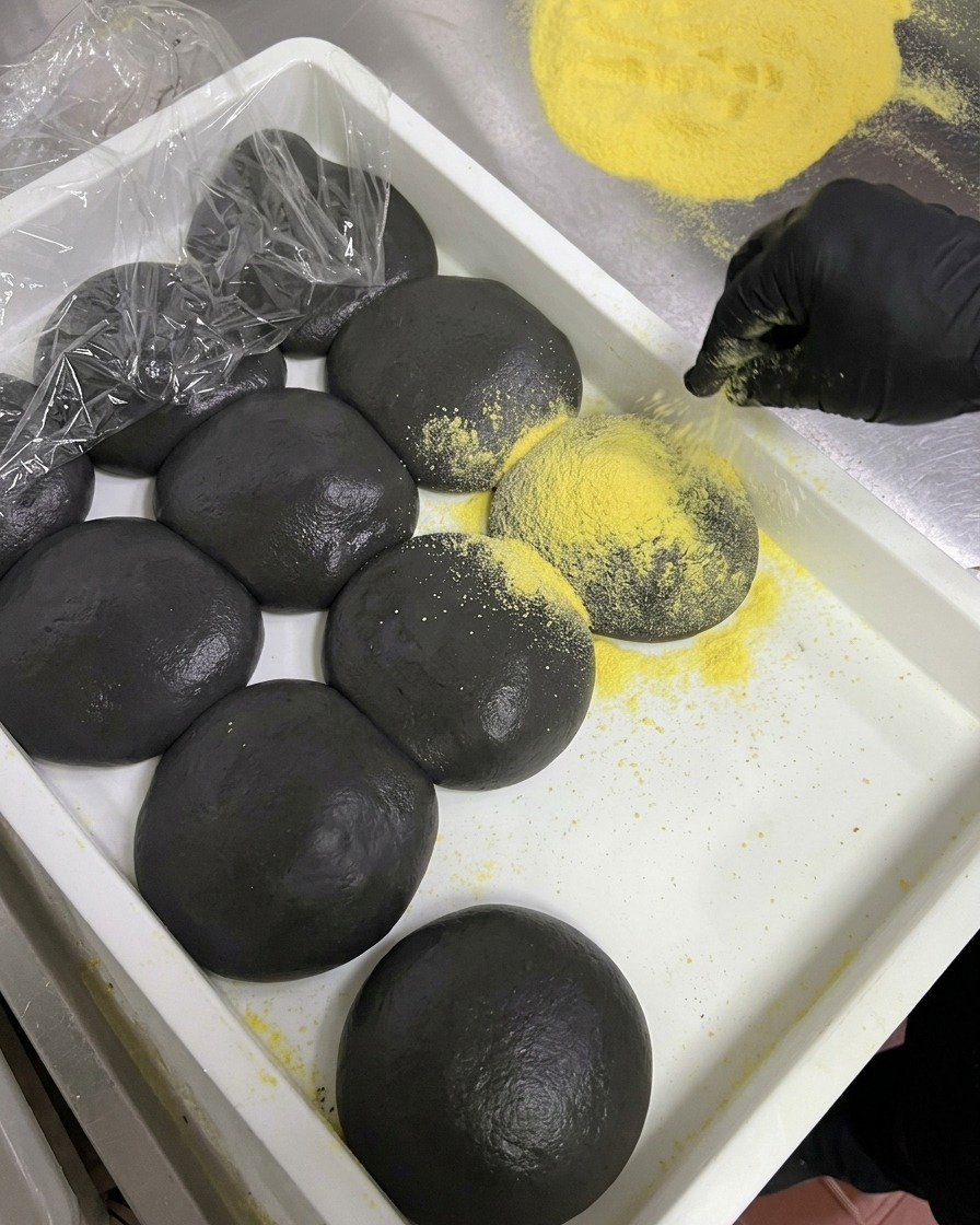 Bolas de masa con tinta de calamar en una bandeja blanca siendo espolvoreadas con harina amarilla.