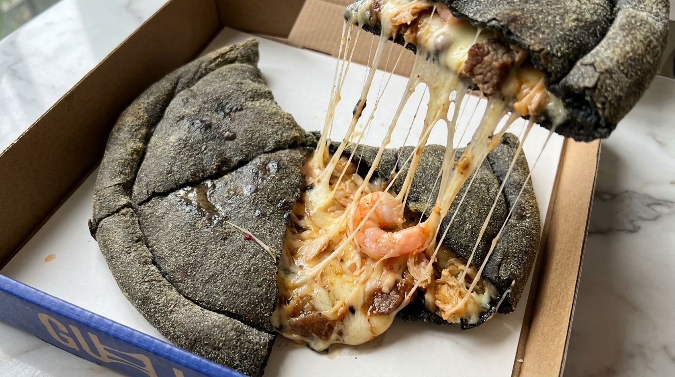Calzone Mar y Tierra con Masa Negra de Tinta de Calamar