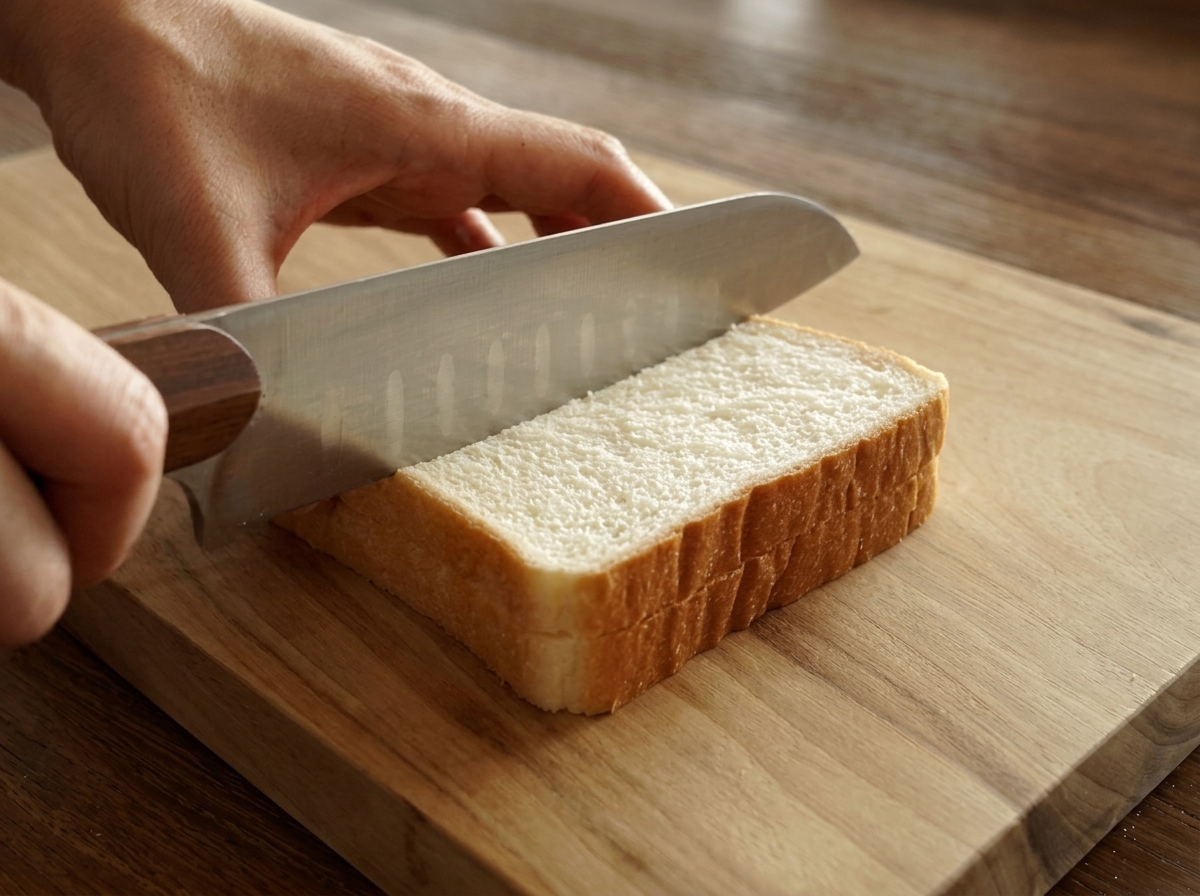 Manos cortando rebanadas de pan de molde blanco por la mitad sobre una tabla de madera.