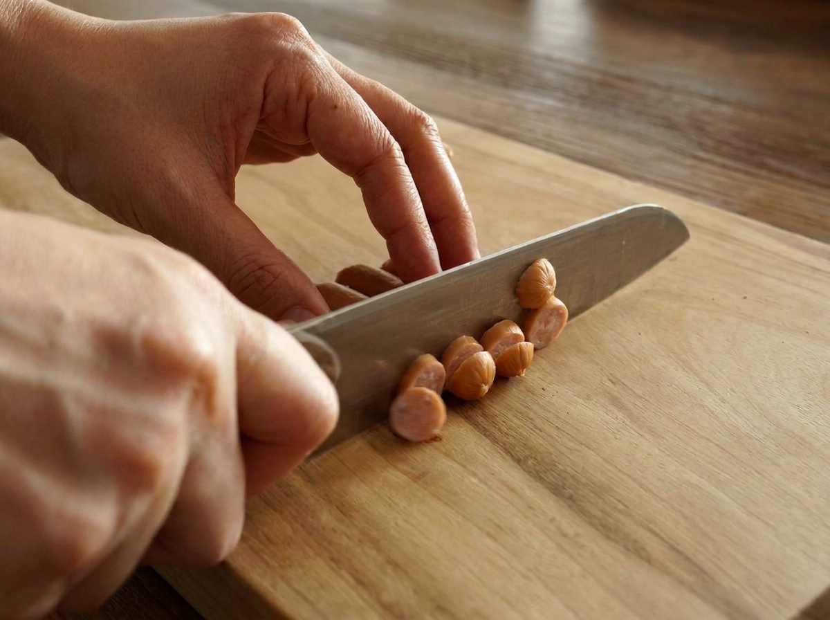 Manos cortando salchichas pequeñas en rodajas finas sobre una tabla de madera.