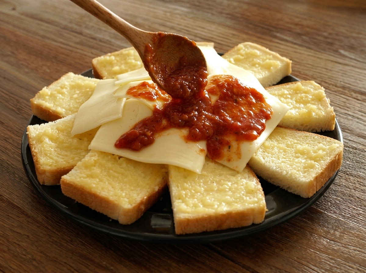 Cuchara de madera extendiendo salsa de tomate sobre el queso en el centro de la pizza.