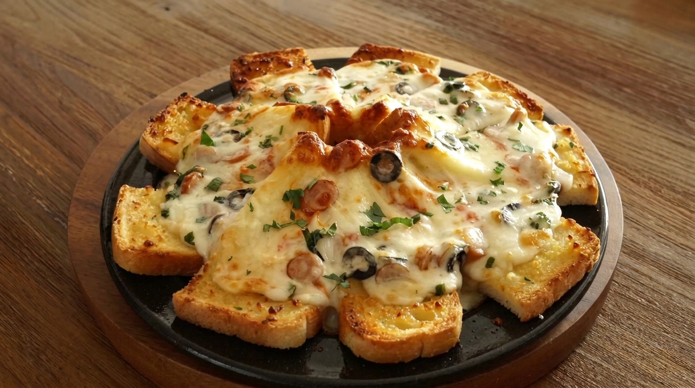Una pizza de pan de ajo recién horneada con un centro de queso burbujeante y bordes dorados y crujientes.