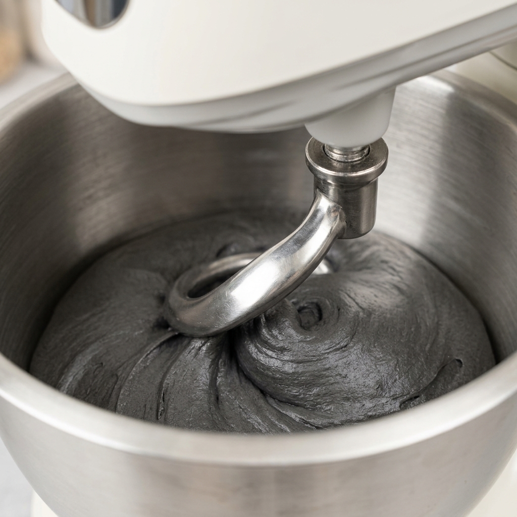 Una batidora de pie con gancho amasador trabajando la masa gris oscuro en un bol de acero inoxidable.