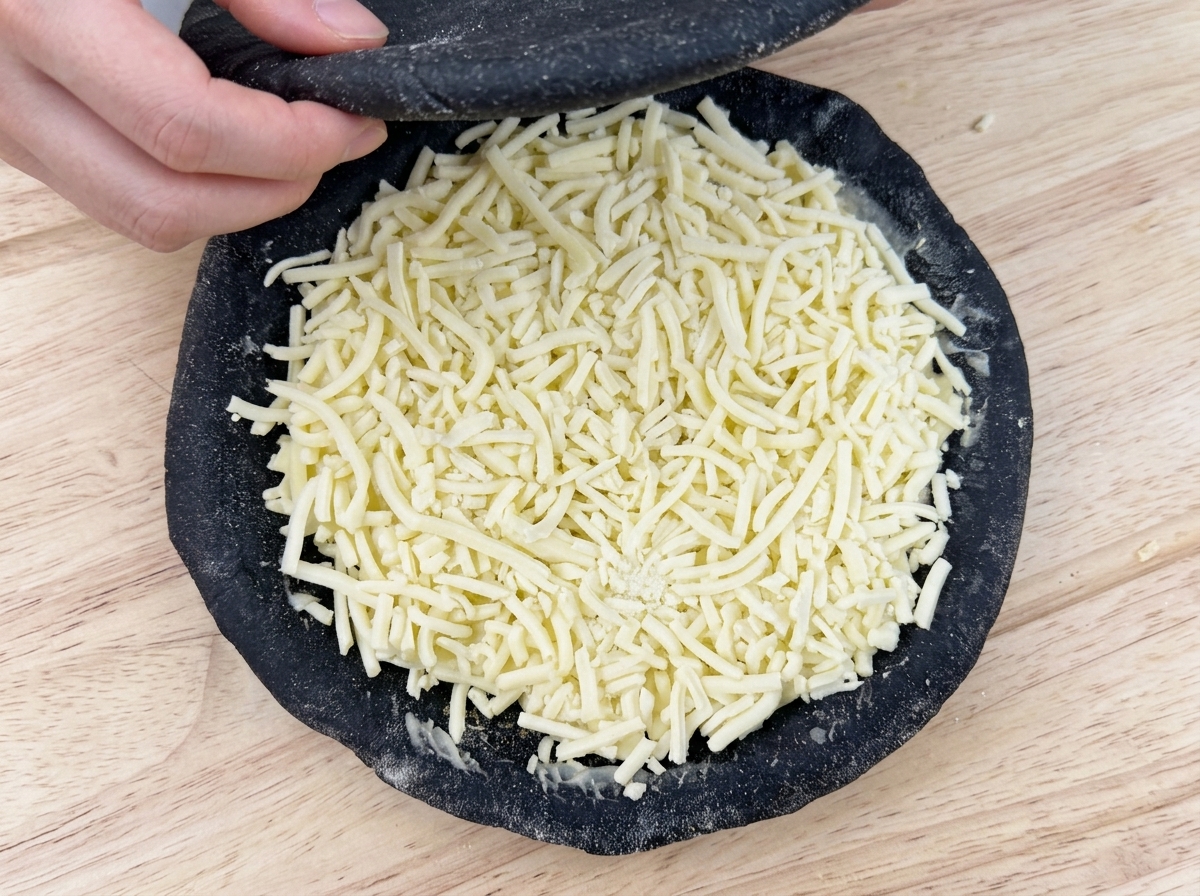 Manos colocando con cuidado otro círculo de masa negra sobre el relleno de queso y durián.