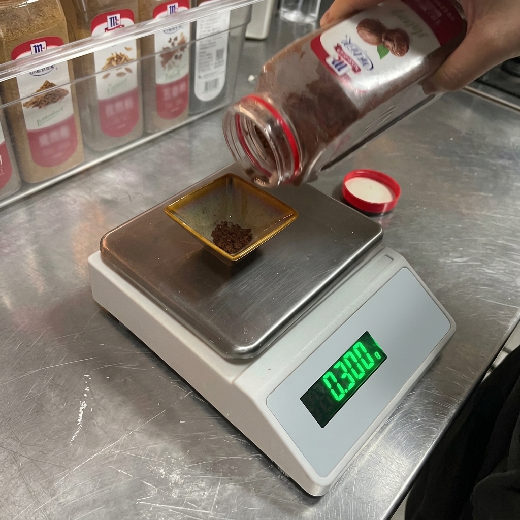 Una persona vertiendo nuez moscada molida de color marrón desde un frasco de especias a un plato pequeño en una báscula digital que muestra 0.300.