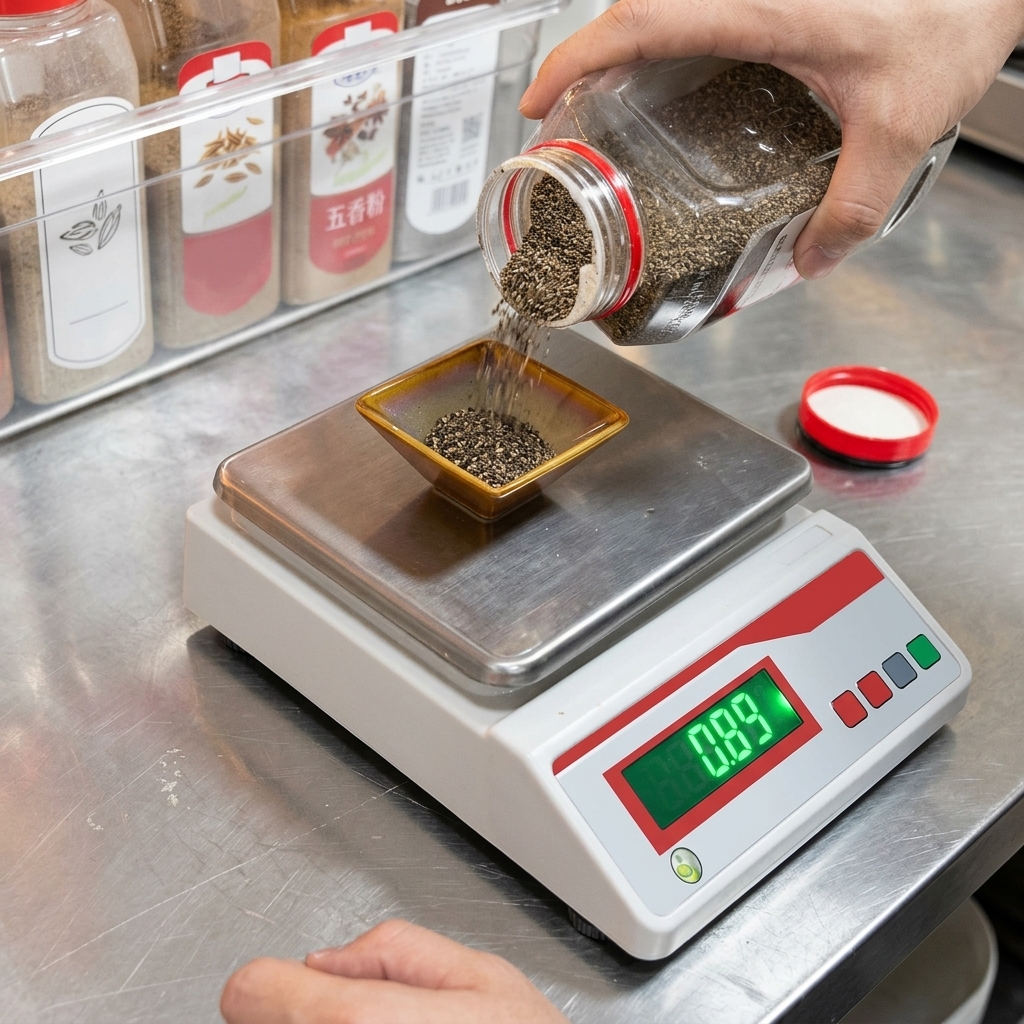 Pimienta negra gruesa vertiéndose desde un recipiente grande a un plato pequeño en una báscula digital.