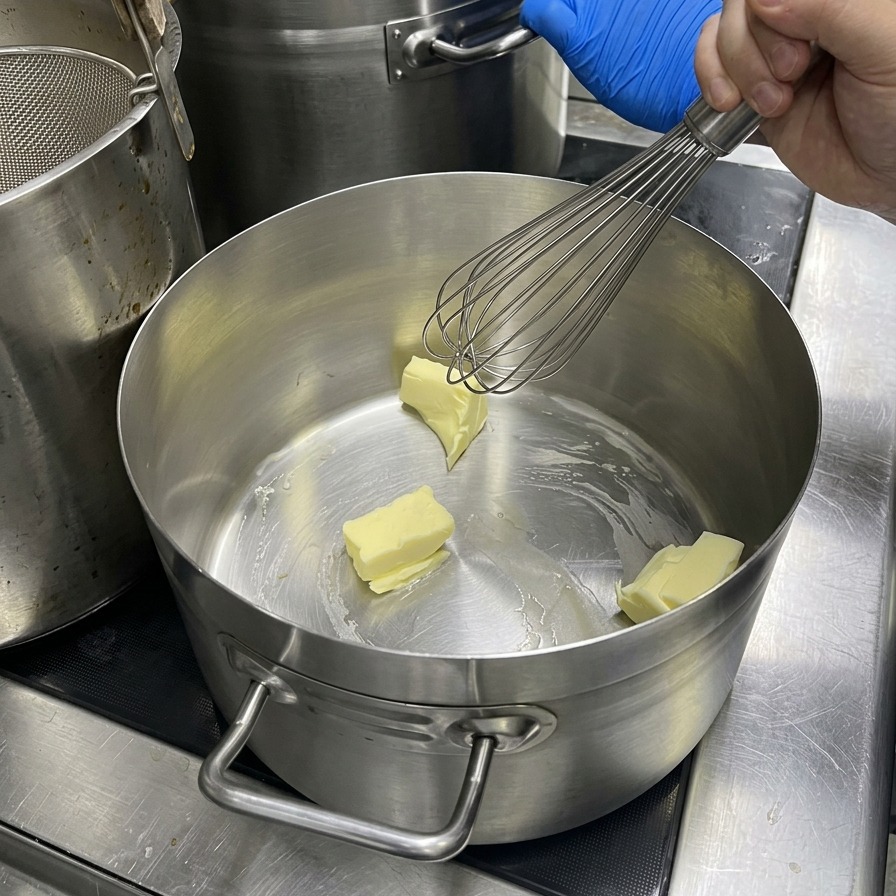 Una mano con guante batiendo trozos de mantequilla que se derriten dentro de una olla grande de acero inoxidable.